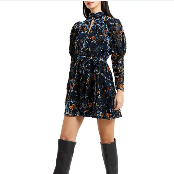 FRENCH CONNECTION Avery Burnout Velvet Keyhole Mini Dress - Size 6 / NWT - Picture 1 of 12